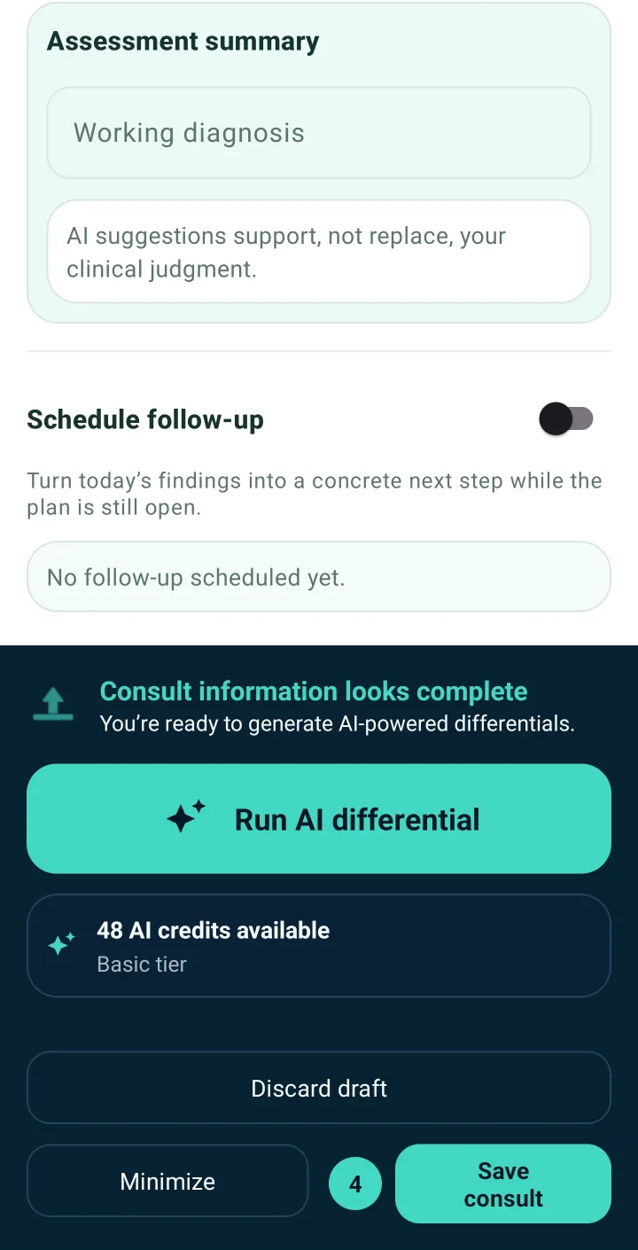 VetGnosis consult screen showing the consult is complete, a Run AI differential button and 48 AI credits available.