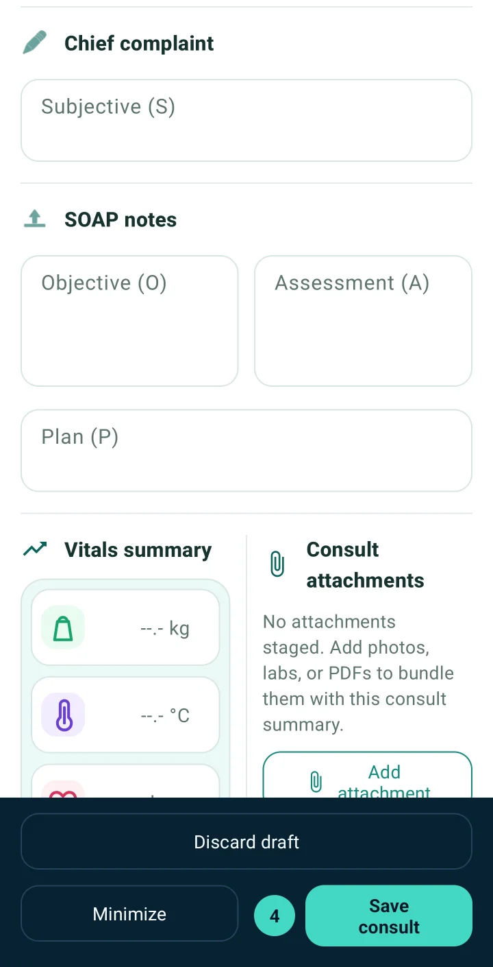 VetGnosis consult form with subjective, objective, assessment and plan fields.