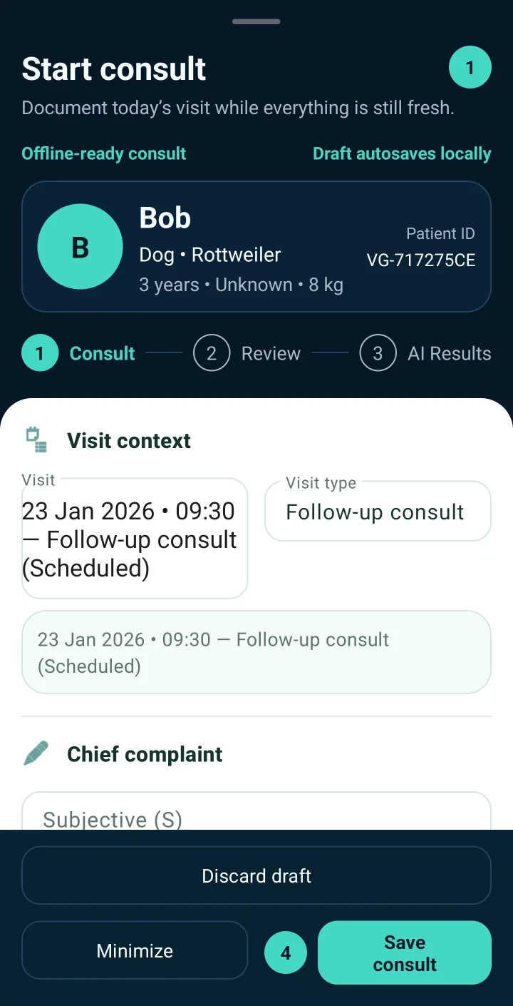 VetGnosis Start consult screen with the patient Bob, visit context and chief complaint fields.