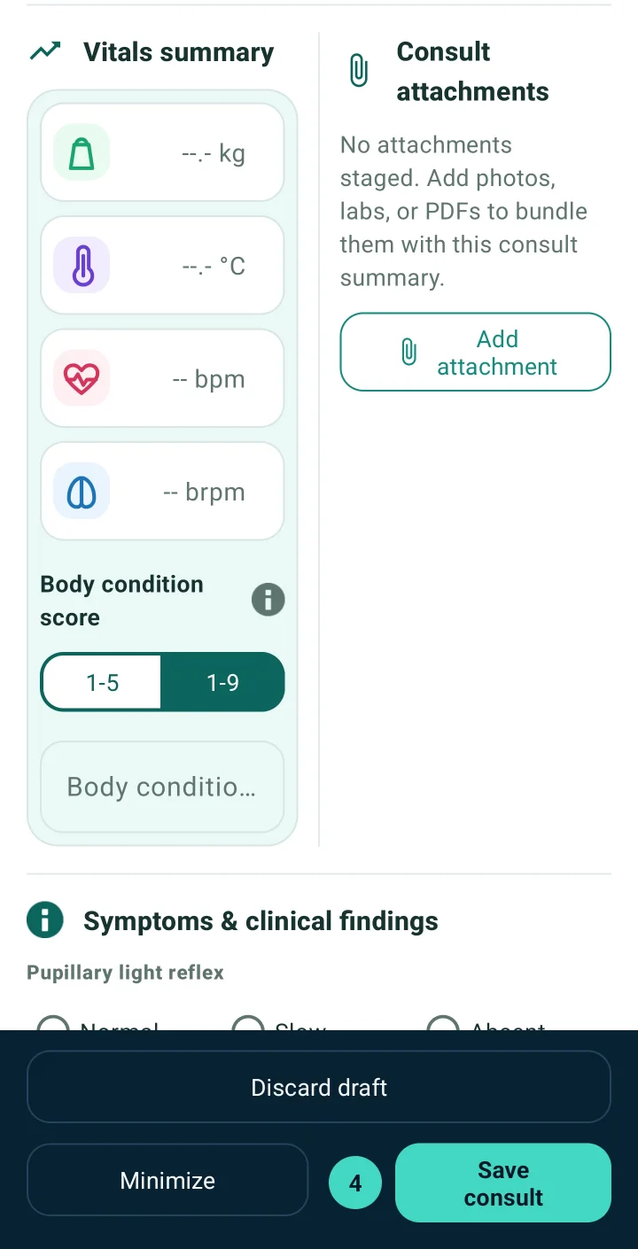 VetGnosis consult step for vitals summary, body condition score, consult attachments and clinical findings.