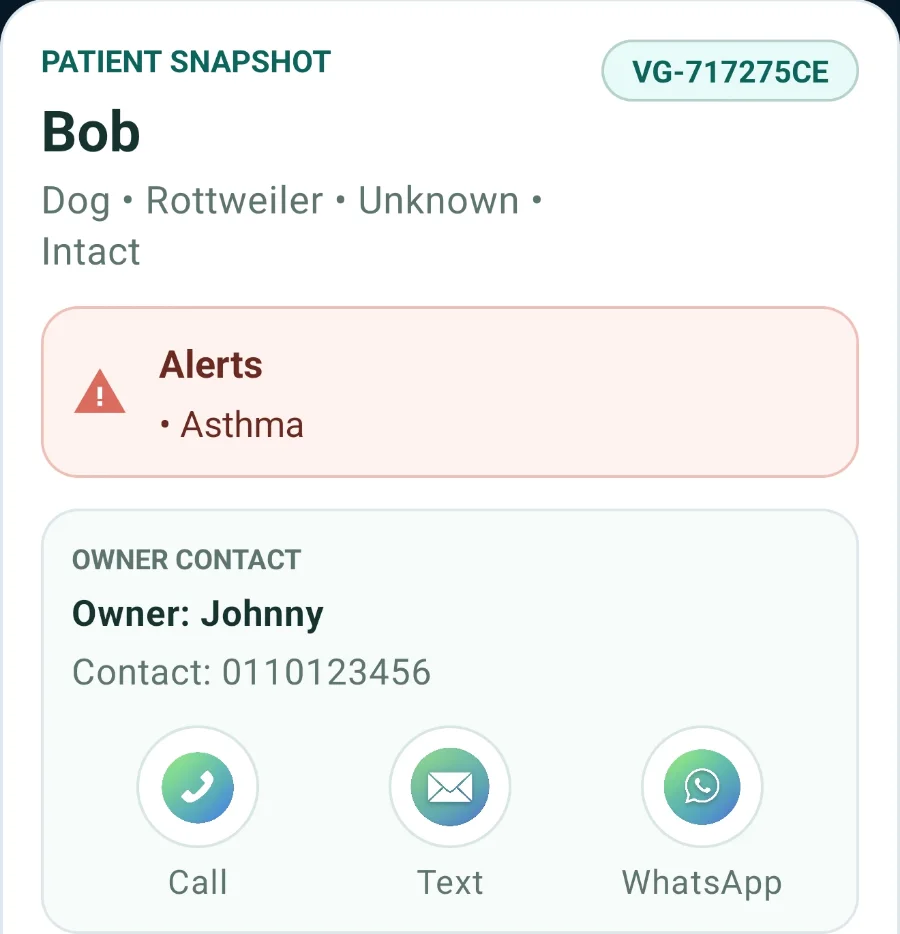 Enlarged from the VetGnosis app: patient snapshot for Bob with an asthma alert, owner contact and call, text and WhatsApp buttons.