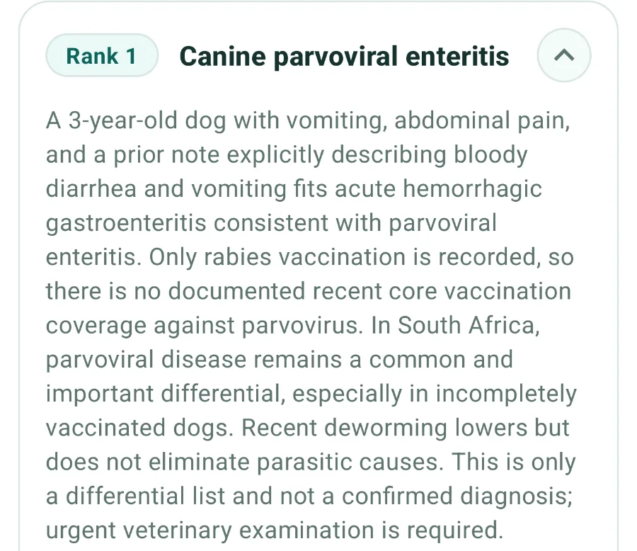 Enlarged from the VetGnosis app: the written rationale for canine parvoviral enteritis, citing the vomiting and bloody diarrhoea, missing core vaccination and regional prevalence.