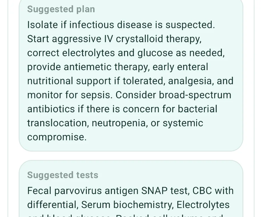 Enlarged from the VetGnosis app: a suggested plan for suspected parvovirus and suggested tests including a SNAP antigen test, CBC, biochemistry and electrolytes.