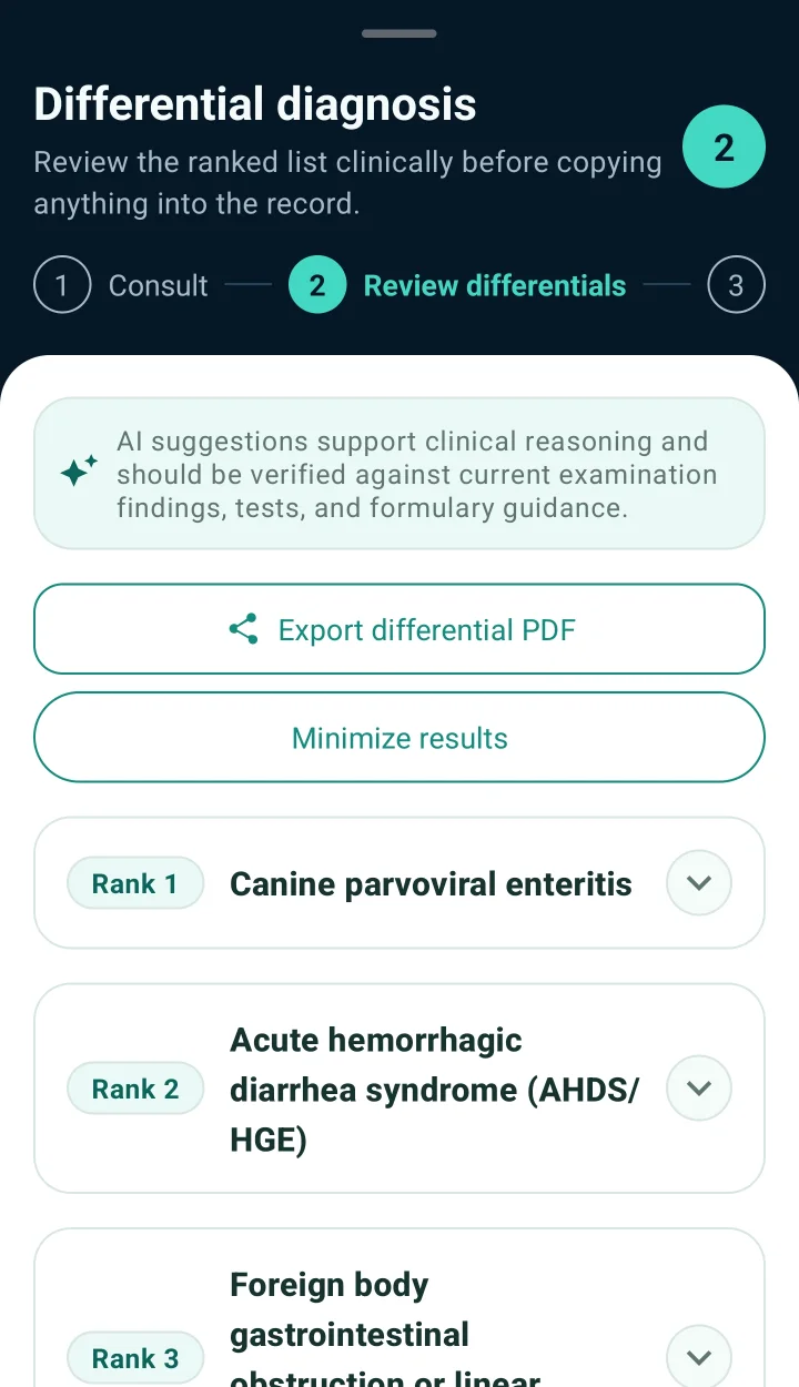 VetGnosis differential review listing ranked differentials for an example dog: canine parvoviral enteritis, acute haemorrhagic diarrhoea syndrome, and foreign body obstruction.