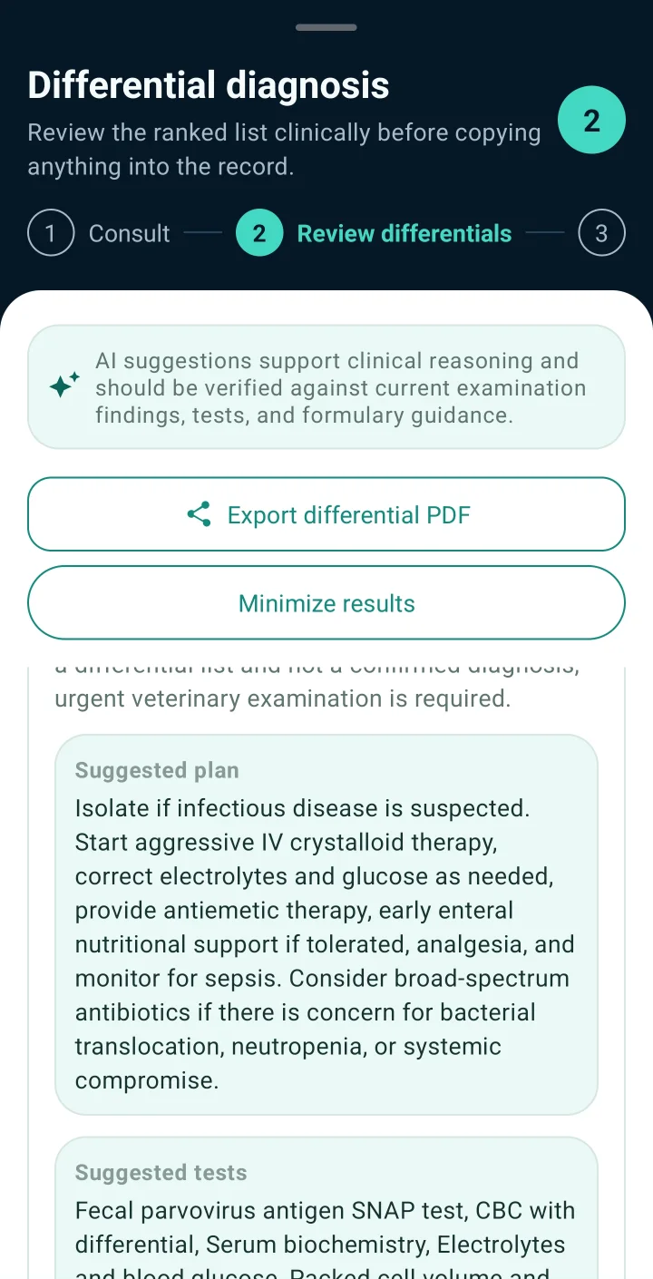 VetGnosis differential detail showing a suggested plan and suggested tests for an example case.