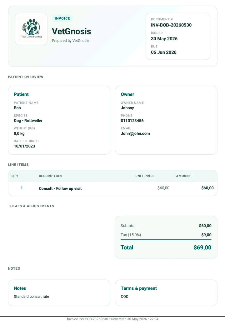 Example VetGnosis invoice with clinic branding, patient and owner details, line items and totals.