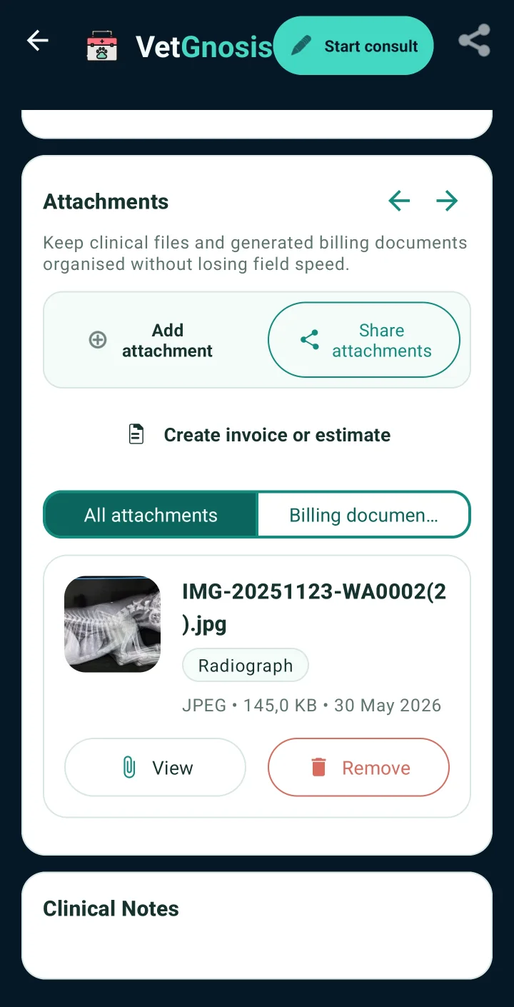 VetGnosis patient attachments with a radiograph file and options to view, share, or create an invoice.