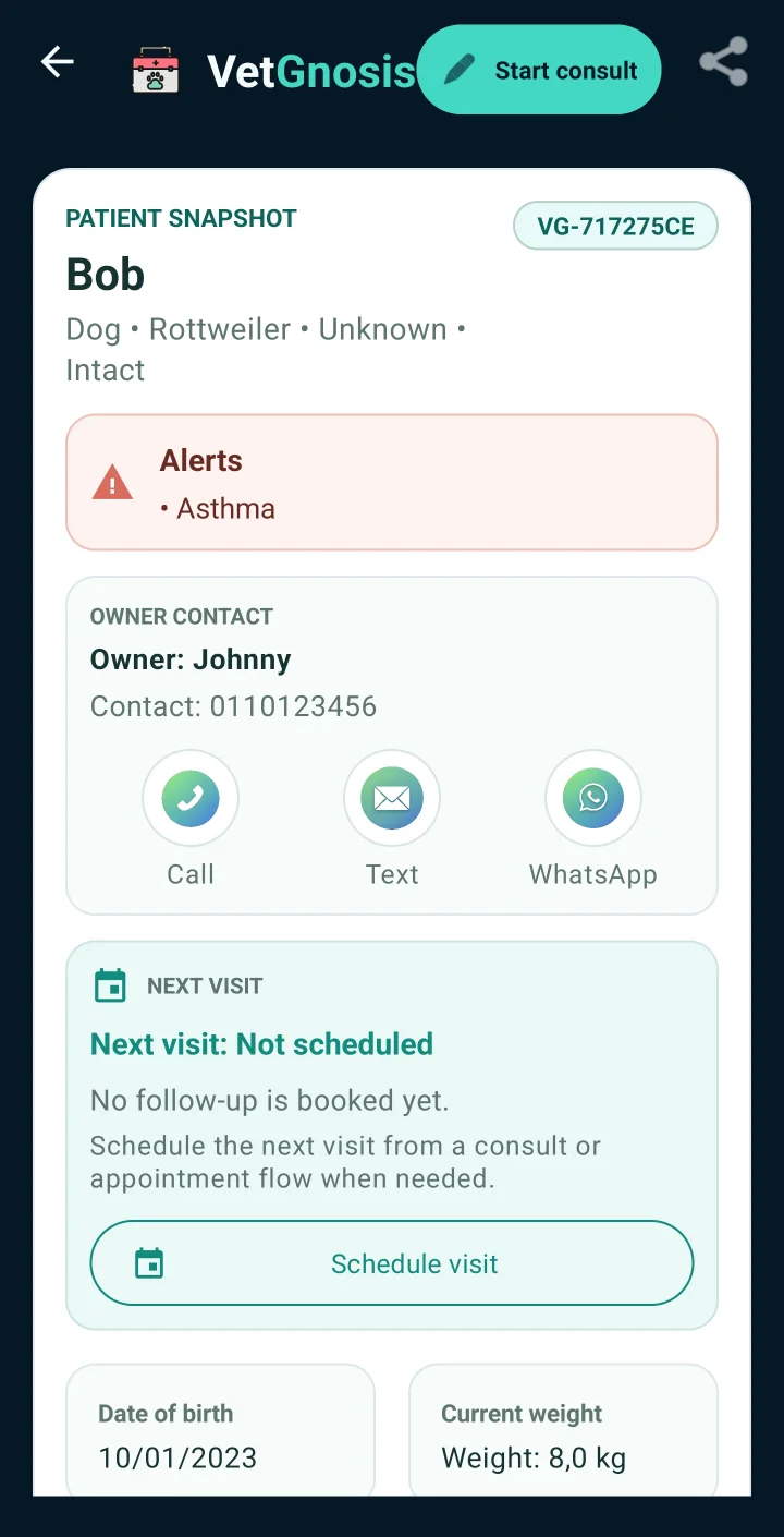 VetGnosis patient snapshot for Bob, a Rottweiler, with an asthma alert, owner contact and next-visit status.