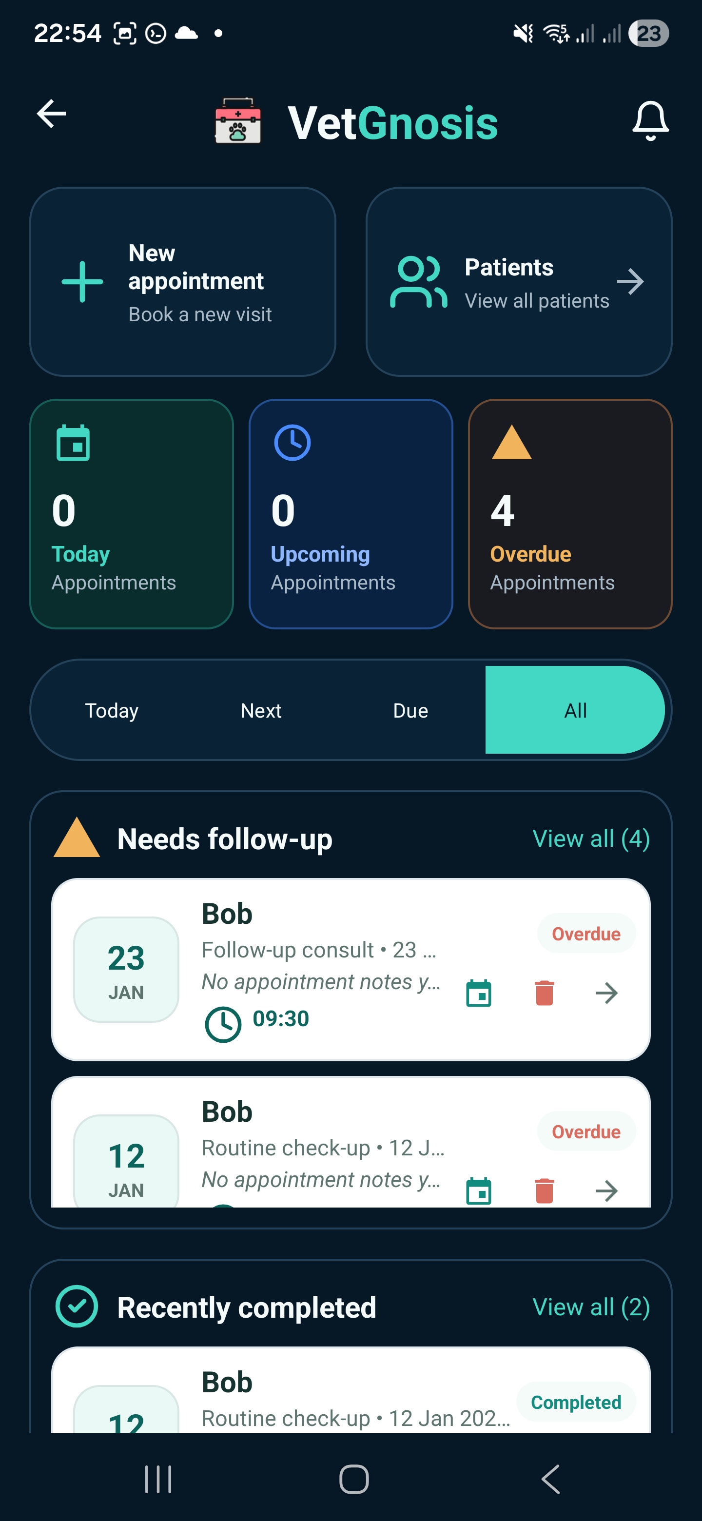 VetGnosis appointments dashboard for upcoming patient visits.