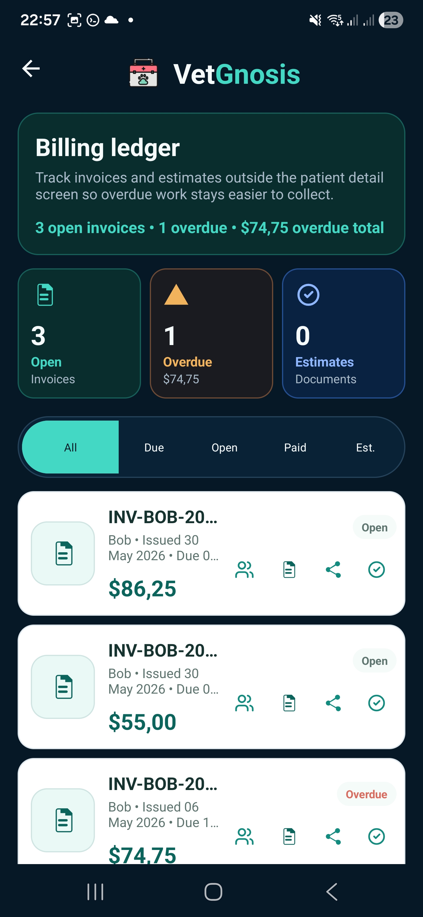 VetGnosis billing dashboard with invoice and payment workflow overview.