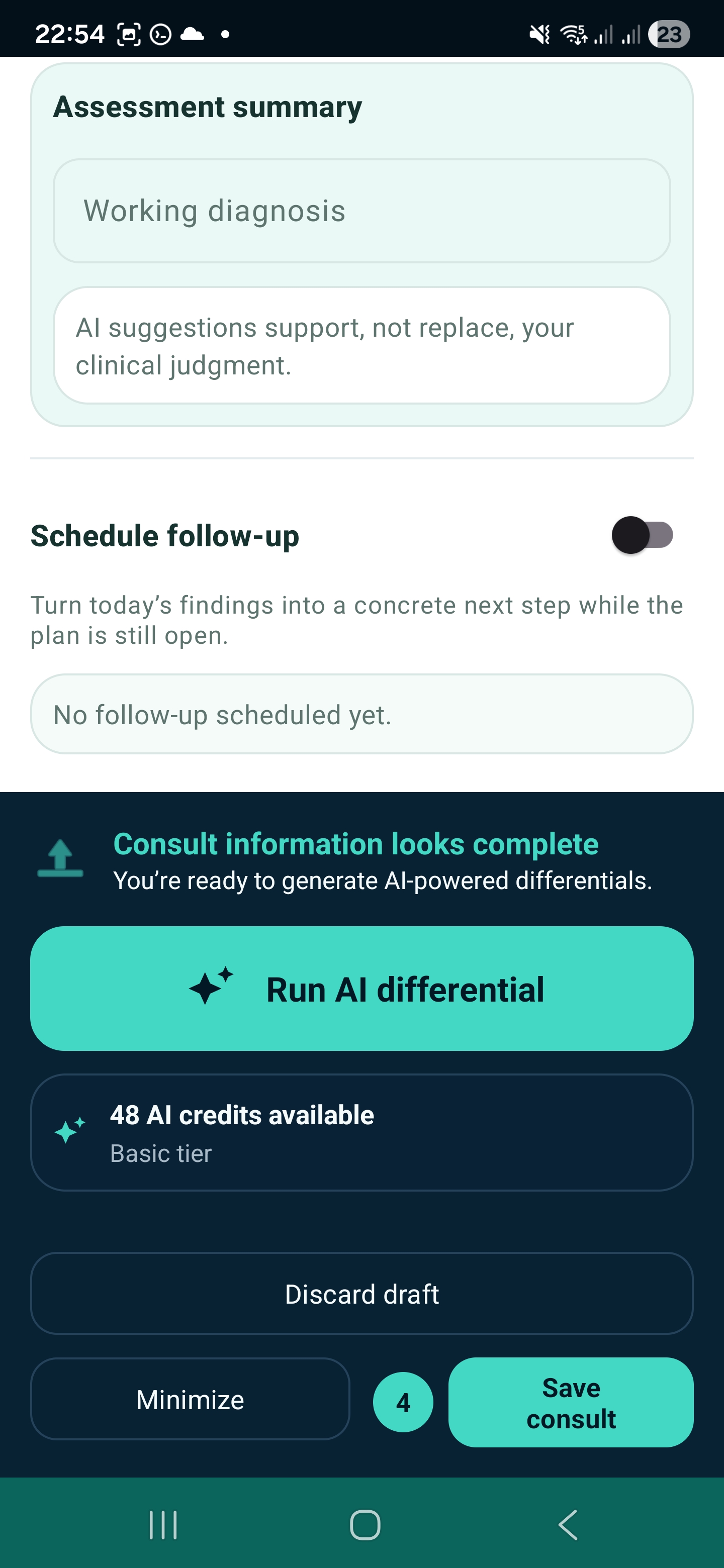 VetGnosis consult screen showing AI differential generation after consult information is complete.