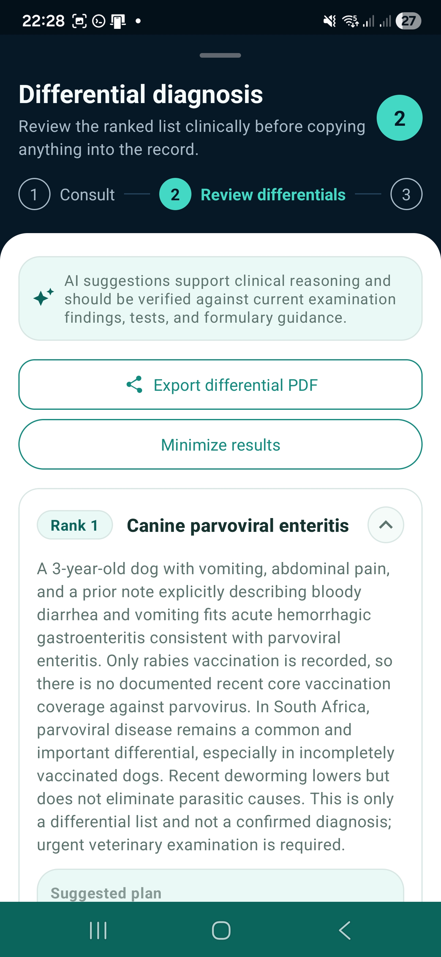 VetGnosis differential diagnosis review screen with ranked suggestions and clinical safety copy.