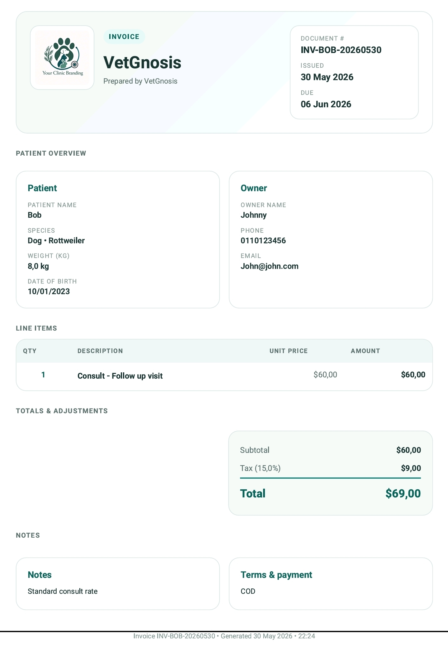 VetGnosis invoice output with patient details, line items, and totals.