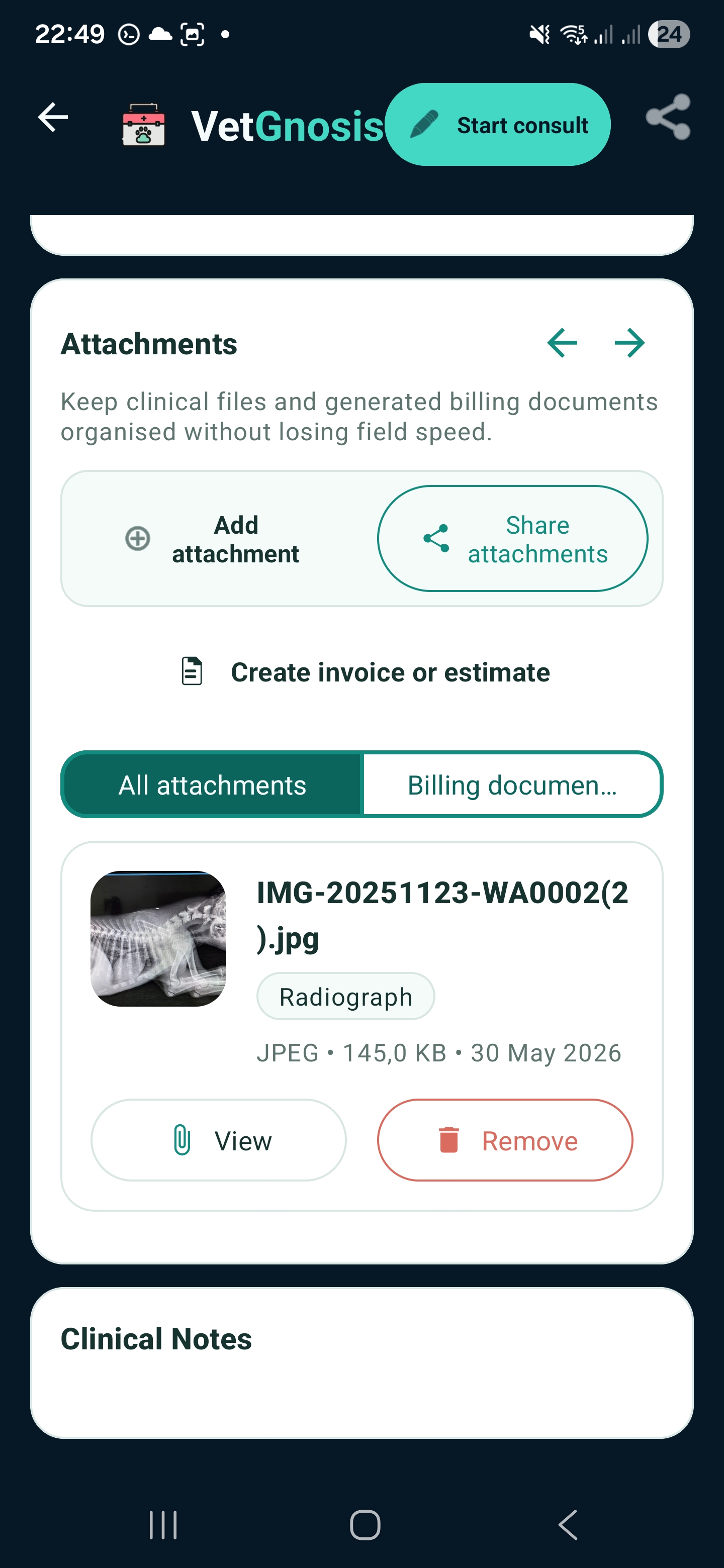 VetGnosis patient attachments and billing screen for clinical evidence and business follow-up.