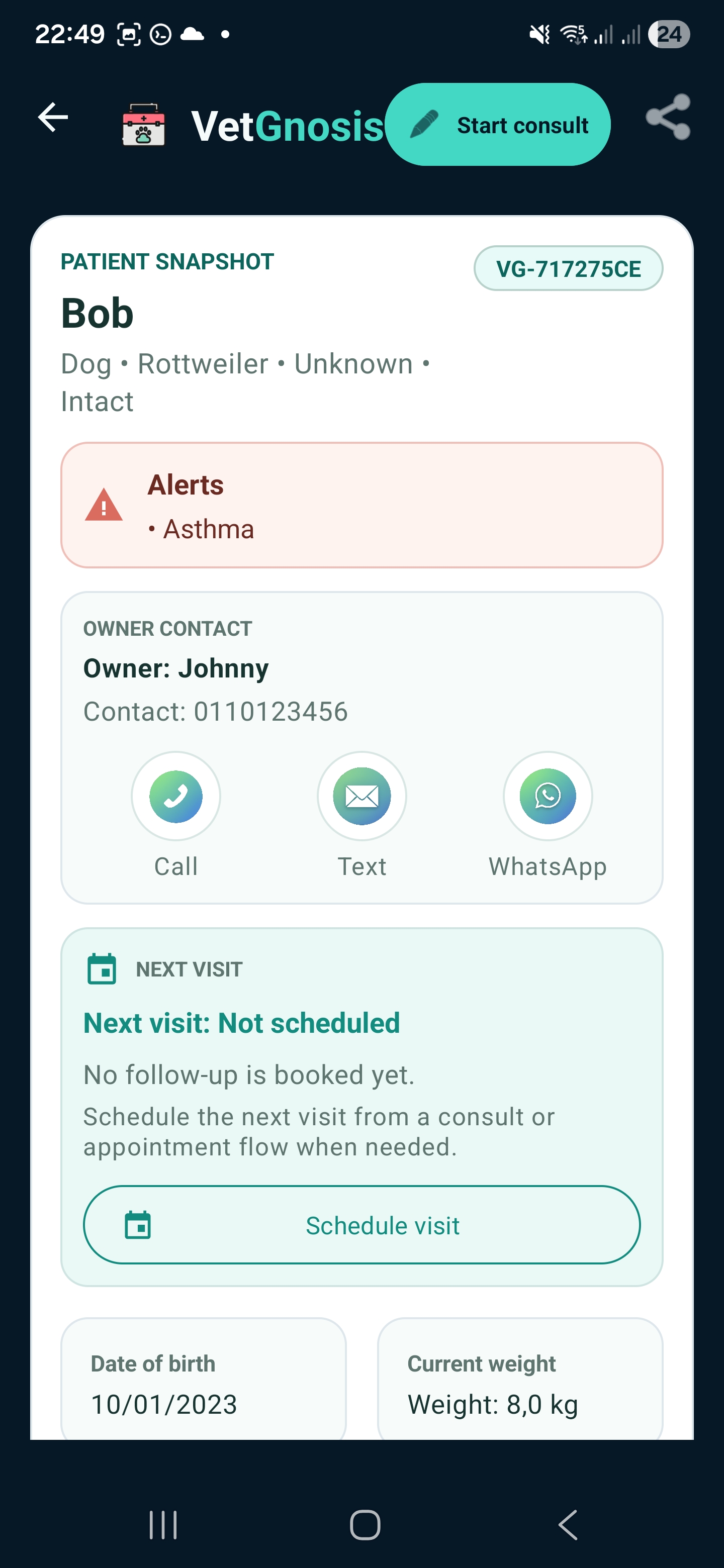 VetGnosis patient detail screen showing patient snapshot, alerts, owner contact, and next visit.
