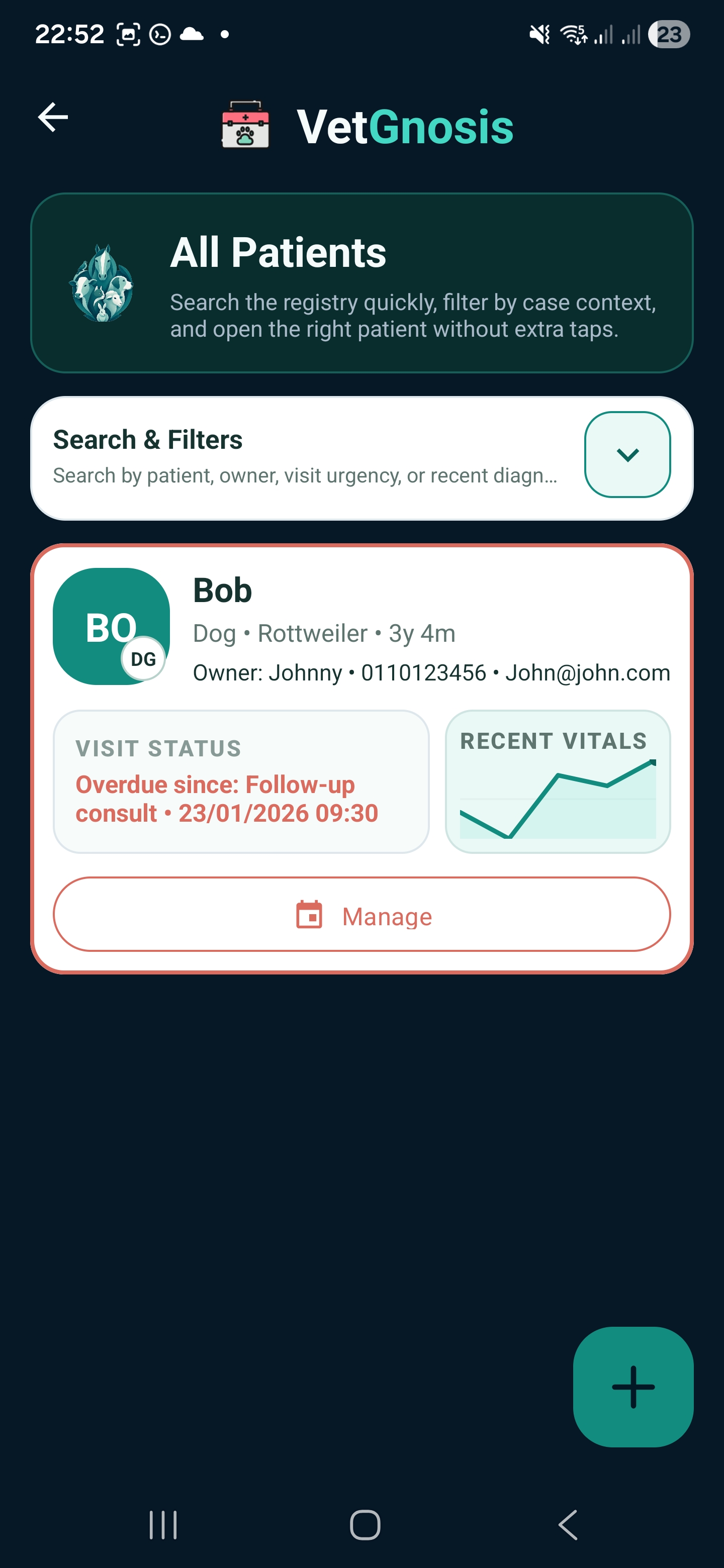 VetGnosis search and upcoming visits screen for locating patient records quickly.